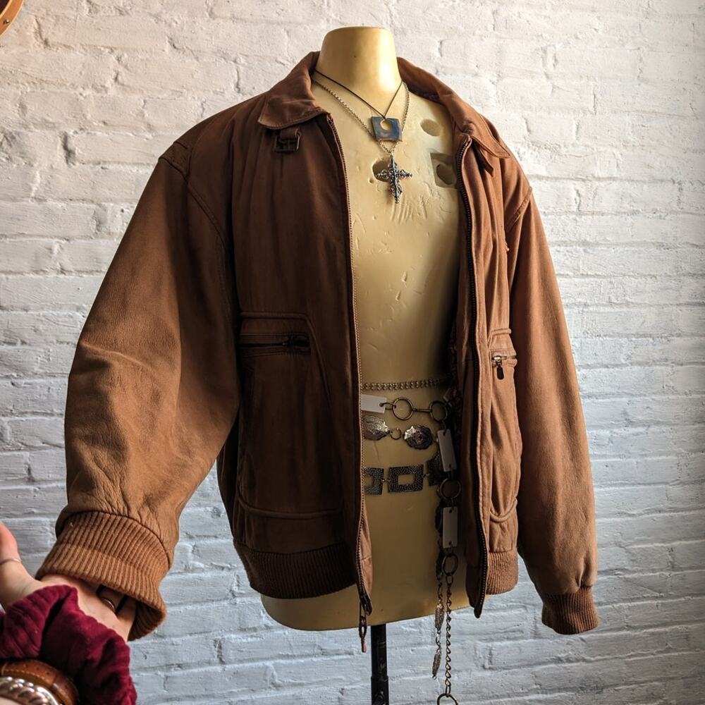 Vintage Brown Genuine Leather Bomber Jacket Aviator Earthtone Pilot Neutral Coat - Picture 1 of 10